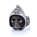 Detail of vintage silver skull ring with gold accents and intricate side engravings - US Size 8 / Skull Hooded Relief Style (22403) / Gold & Silver