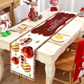 Close-up of a white Christmas table runner with red plaid borders and festive ornaments - 181x35.5cm