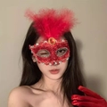 Red feather masquerade mask with sequins and matching satin gloves for party - TS1119-4 Red Feather Sequin Mask Set