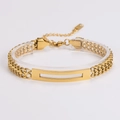 Detail of gold-plated stainless steel woven chain bracelet with engraved metal plate - Gold