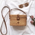 Handwoven rattan crossbody bag with brown leather strap and classic button closure - 20x10x13cm / Nurse Bag