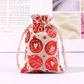 Sac cadeau de Noël en coton et lin avec motif d'ornements rouges pailletés - 10*14cm / Ornements de Coeur Rouges