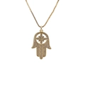 Macro detail of gold Hamsa hand pendant with sparkling crystals on a box chain necklace - Full Zircon Hamsa Hand / Gold