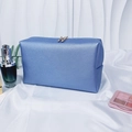 Light blue textured faux leather bridal makeup bag with gold zipper on white silk - Large / Holographic Blue