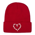 Red knit beanie with white heart embroidery, winter warm headwear for outdoor street style - Red