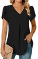 Detail of V-neckline and tiered ruffle sleeves on this black chiffon summer blouse - S / Black
