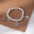 Silver beaded bracelet with mythical creature charms and a five blessings pendant - L506-4 God of Wealth