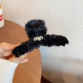 Plush black hair claw clip with golden crystal letter charm for autumn winter styles - Black Plush Letter Hair Claw