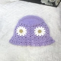 Handmade purple crochet bucket hat with white daisy embroidery on lace background - M (56-58cm) / Purple White Daisy Knit