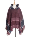 Burgundy herringbone hooded poncho cape with colorful tweed texture and fringe tassels - Burgundy