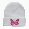 White ribbed knit beanie with pink butterfly embroidery for women's winter warmth - White
