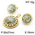 Golden heart jewelry set with green resin, gold foil flakes, and sparkling rhinestones - Rhinestone Green Resin Set (KS201190-GG)