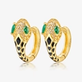 S925 sterling silver snake hoop earrings with green gem eyes and black enamel details - Snake Earrings (KE23048) / Gold