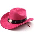 Detail of rose red suede cowboy hat with bull head buckle and silver star rivets - M (56-58cm) / Rose Red