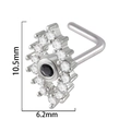 Silver hook nose stud with clear crystals surrounding a black center stone, size 10.5x6.2mm - Black Gem Circle
