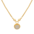 Golden box chain necklace featuring a round pendant with pavé-set clear zircons - Round Pave Zirconia Style (X809)
