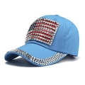 Sky blue cotton baseball cap featuring rhinestone US flag and sparkling brim decoration - Light Blue