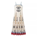 Weißes Boho-Maxikleid mit Spaghettiträgern, Ethno-Blumenmuster und gestuftem Saum - S / Roter Rand Floral