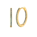 Macro view of gold plated hoop earrings with micro-paved blue zircon gemstones - Light Blue Gold