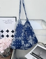 Navy blue canvas tote bag with white paisley pattern and comfortable shoulder straps - Navy Blue White Paisley(45#)