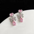 Boucles d'oreilles nœud en zircon rose taille cœur et poire finition argent - Cœur en Zircon Argenté Français