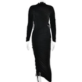 Elegante vestido largo negro de manga larga con detalles fruncidos y cordón ajustable - M / Negro