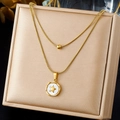 Double-layered gold necklace with mother of pearl star pendant and gold bead accents - Round Star Style (N4081) / Gold