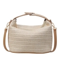 Bolso saco de paja blanco crema con ribete de cuero marrón y cierre metálico - Patchwork Blanco y Caqui