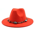 Detail of red wide brim fedora hat featuring turquoise stones and brown braided leather cord - M (56-58cm) / Orange Red
