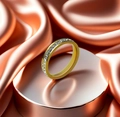 Elegant gold titanium steel open ring with channel-set crystals on rose silk base - Adjustable Open / Gold Inlaid Zirconia Eternity Ring (wjz565-1 Gold Inlaid)