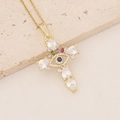 Detail of 18K gold plated cross pendant with colorful zircons and evil eye motif - Evil Eye Cross Rhinestone Style (5#)