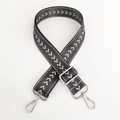Detailed view of dark grey nylon bag strap with silver arrow pattern and metal buckles - Grey Silver Thread + Silver Buckle