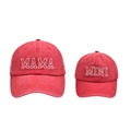 Detail view of MAMA and MINI embroidered vintage red matching parent-child baseball caps - Red