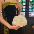 Detailed view of the 3D rose petal texture and elegant pearl handle on bridal bag - Pearl Handle / White
