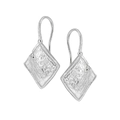 Silver geometric rhombus drop earrings with lava texture and small diamond inlay - 925 Silver / White Gold