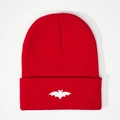 Detailed view of red ribbed knit beanie featuring a white embroidered bat logo - Red