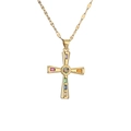 Detail of gold cross pendant with multi-color zircons on a fine flat link chain - Multi-Color Gemstone Cross (CN001564YS)