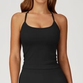 Slim fit black ribbed yoga sports bra with thin straps and cross back design for fitness - Premium Black