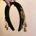 Ethnic style black velvet headband with golden metal tassels and small bells - Gold Double Tassel Headband / 3# Black With Gold Double Tassels