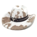 Cow print faux fur cowboy hat with silver bull head metal emblem and studded belt detail - M (56-58cm) / Straight Top / Khaki