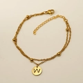 Bracelet double chaîne en acier inoxydable doré avec pendentif lettre W rond - Lettre W (S-H202-W)