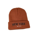 Detail showing the New York embroidery on a brown knit beanie cap in high resolution - M (56-58cm) / Caramel color