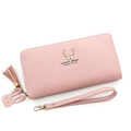 Pink tricolor leather long wallet with zipper and cute gold bear charm detail - Pink