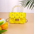 Quilted yellow jelly bag with pearls and rhinestones, stylish crossbody mini handbag - Yellow