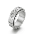 Silver spinner ring featuring celestial sun, moon, and stars engravings with rotating outer band - US 9 / Steel Color (KR105136)