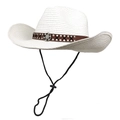 Close-up of white woven straw cowboy hat with brown faux leather band and metal rivets - M (56-58cm) / Pure White