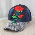 Detailed embroidery of a red rose and sparkling rhinestones on a blue denim baseball cap - No.17/Dark Blue Denim/Rose Embroidery