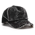 Detail of distressed denim texture and Boston embroidery on a vintage baseball cap - Dark Grey Style (A)