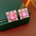 Vintage-style square pink crystal stud earrings with halo cubic zirconia in silver setting - Pink Cushion Cut Stud Earrings (38#)