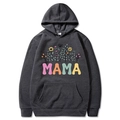 Dark grey Mama Est 2025 coquette hoodie with colorful floral MAMA lettering in size M - Dark Gray